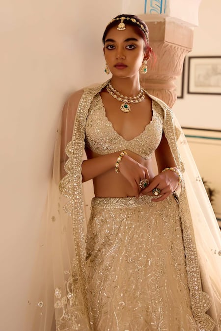Buy_Osaa By Adarsh_Beige Silk, Tissue Embroidery, Zari, Sequins, Frost Champagne Jaal Lehenga Set _Online_at_Aza_Fashions