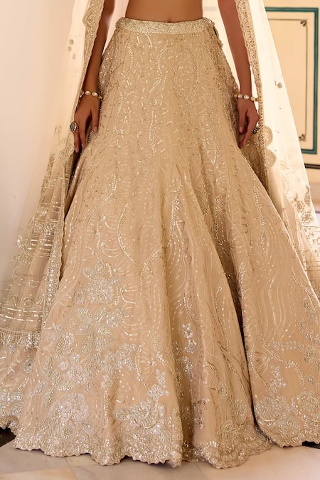 Shop_Osaa By Adarsh_Beige Silk, Tissue Embroidery, Zari, Sequins, Frost Champagne Jaal Lehenga Set _Online_at_Aza_Fashions
