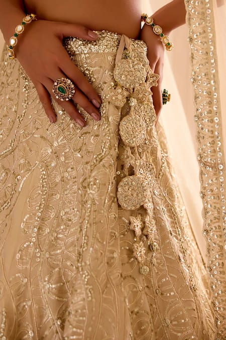 Osaa By Adarsh_Beige Silk, Tissue Embroidery, Zari, Sequins, Frost Champagne Jaal Lehenga Set _at_Aza_Fashions