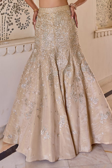 Osaa By Adarsh_Beige Tissue, Silk Zari, Embroidery Frost Champagne Fishcut Lehenga With Blouse _Online_at_Aza_Fashions