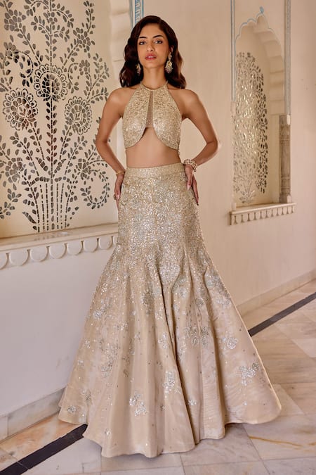 Osaa By Adarsh Beige Tissue, Silk Zari, Embroidery Frost Champagne Fishcut Lehenga With Blouse