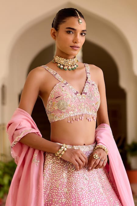 Osaa By Adarsh Pink Silk, Tissue Zari, Embroidery V-neck Rosaline Lehenga Set Online at Aza Fashions Osaa By Adarsh_Pink Silk, Tissue Zari, Embroidery V-neck Rosaline Lehenga Set _Online_at_Aza_Fashions