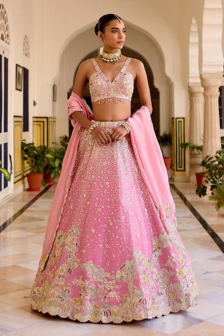 Osaa By Adarsh Pink Silk, Tissue Zari, Embroidery V-neck Rosaline Lehenga Set 