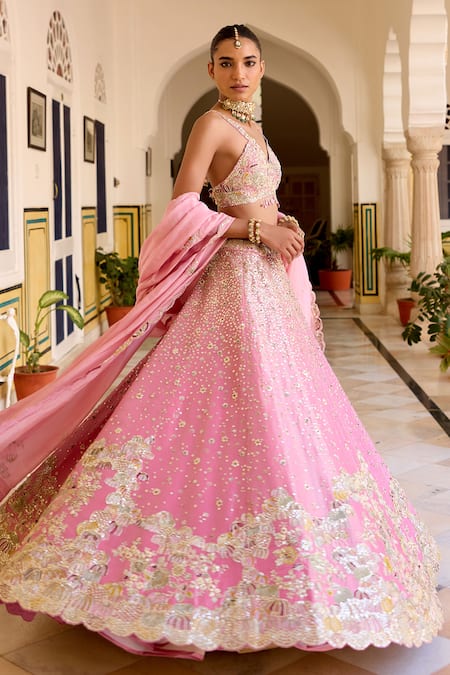 Shop Osaa By Adarsh Pink Silk, Tissue Zari, Embroidery V-neck Rosaline Lehenga Set Shop_Osaa By Adarsh_Pink Silk, Tissue Zari, Embroidery V-neck Rosaline Lehenga Set