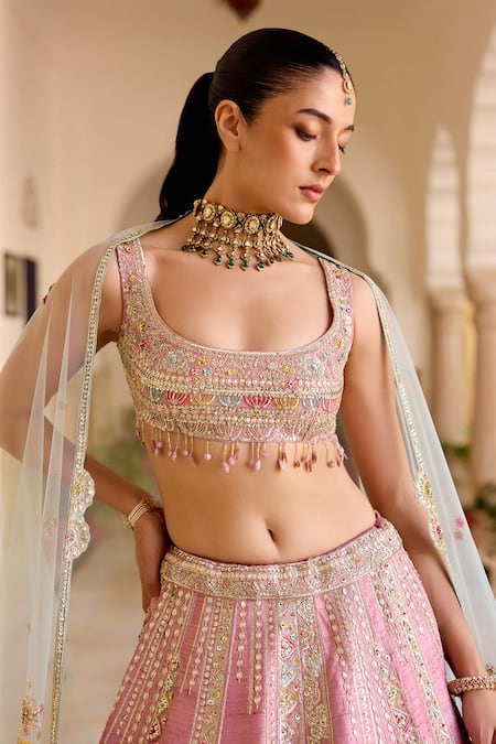Osaa By Adarsh_Pink Silk Sequins, Beads, Embroidery Round Neck Rosaline Raw Lehenga Set _Online_at_Aza_Fashions