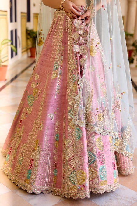 Buy_Osaa By Adarsh_Pink Silk Sequins, Beads, Embroidery Round Neck Rosaline Raw Lehenga Set _Online_at_Aza_Fashions