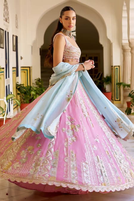 Shop Osaa By Adarsh Pink Organza Zari, Embroidery Square Neck Rosaline Lehenga Set Online at Aza Fashions Shop_Osaa By Adarsh_Pink Organza Zari, Embroidery Square Neck Rosaline Lehenga Set _Online_at_Aza_Fashions