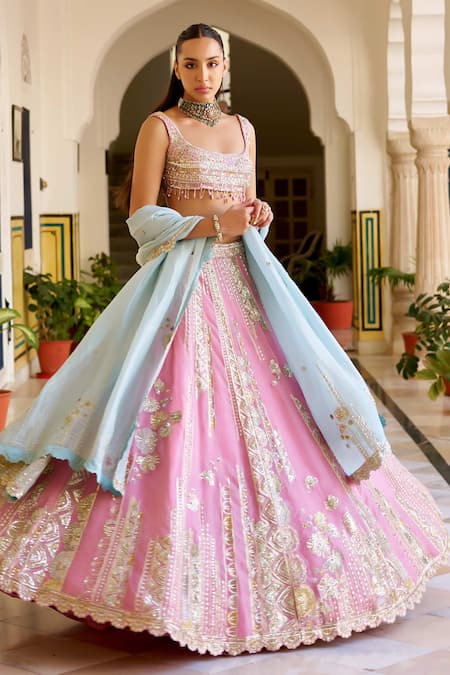Buy Osaa By Adarsh Pink Organza Zari, Embroidery Square Neck Rosaline Lehenga Set Buy_Osaa By Adarsh_Pink Organza Zari, Embroidery Square Neck Rosaline Lehenga Set