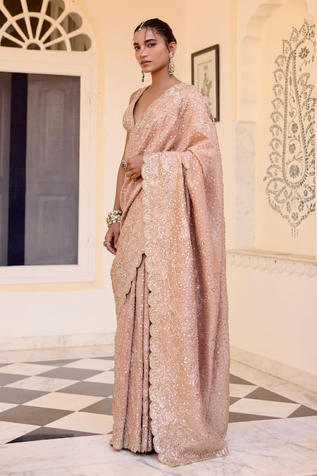 Buy_Osaa By Adarsh_Peach Tissue, Silk Sequins, Zari Embroidered Caramel Taupe Saree With Blouse _Online_at_Aza_Fashions