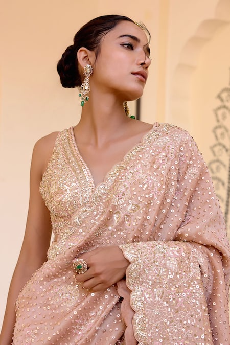Shop_Osaa By Adarsh_Peach Tissue, Silk Sequins, Zari Embroidered Caramel Taupe Saree With Blouse _Online_at_Aza_Fashions