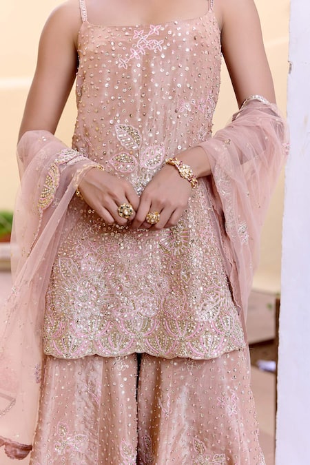 Osaa By Adarsh_Taupe Tissue, Silk Sequins, Embroidery Round Neck Caramel Kurta Sharara Set _Online_at_Aza_Fashions