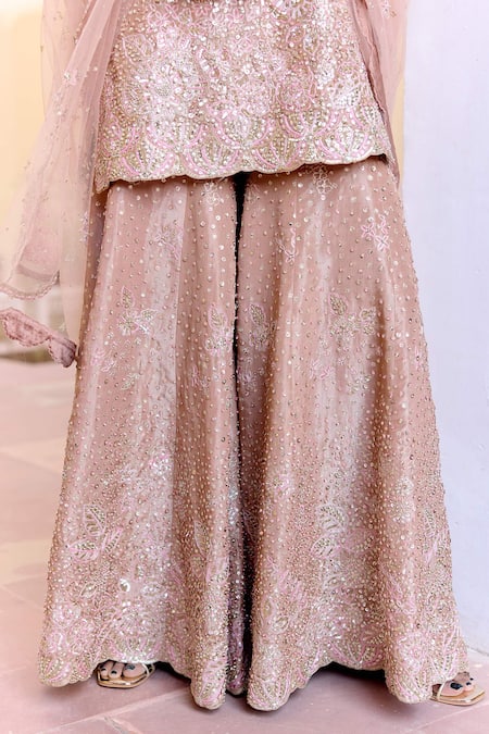 Buy_Osaa By Adarsh_Taupe Tissue, Silk Sequins, Embroidery Round Neck Caramel Kurta Sharara Set _Online_at_Aza_Fashions