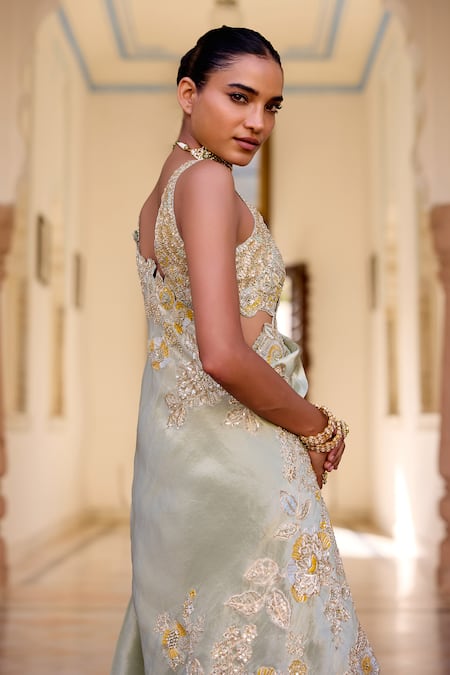 Osaa By Adarsh_Green Tissue, Silk Embroidery, Zari Square Neck Sage Saree With Blouse _Online_at_Aza_Fashions