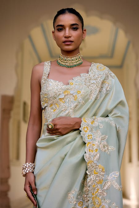 Shop_Osaa By Adarsh_Green Tissue, Silk Embroidery, Zari Square Neck Sage Saree With Blouse _Online_at_Aza_Fashions