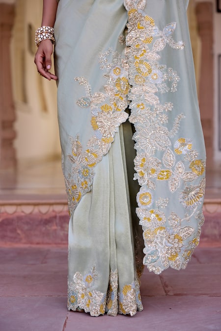 Osaa By Adarsh_Green Tissue, Silk Embroidery, Zari Square Neck Sage Saree With Blouse _at_Aza_Fashions
