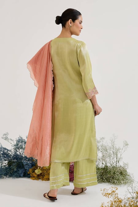 Shop Nero India Lime Tissue Embroidery V-neck Straight Kurta With Pant at Aza Fashions Shop_Nero India_Lime Tissue Embroidery V-neck Straight Kurta With Pant _at_Aza_Fashions