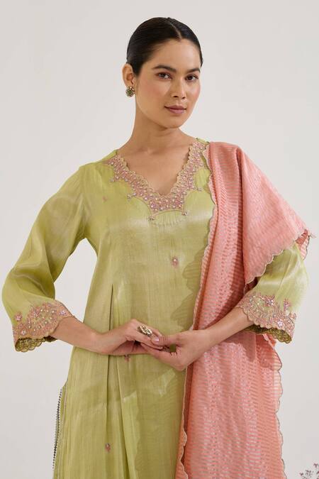 Buy Nero India Lime Tissue Embroidery V-neck Straight Kurta With Pant Online at Aza Fashions Buy_Nero India_Lime Tissue Embroidery V-neck Straight Kurta With Pant _Online_at_Aza_Fashions