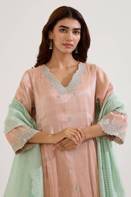 Nero India Mint Chanderi Embroidery Stripe Pattern Dupatta Online at Aza Fashions Nero India_Mint Chanderi Embroidery Stripe Pattern Dupatta _Online_at_Aza_Fashions