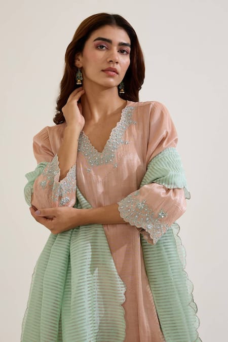 Buy Nero India Mint Chanderi Embroidery Stripe Pattern Dupatta Online at Aza Fashions Buy_Nero India_Mint Chanderi Embroidery Stripe Pattern Dupatta _Online_at_Aza_Fashions