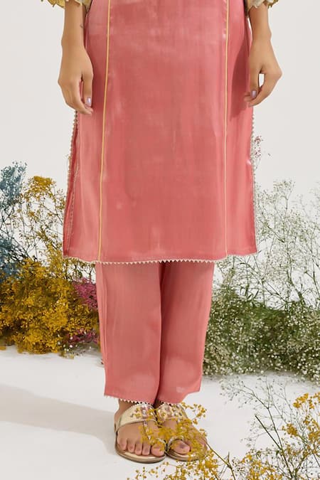 Nero India Pink Tissue Embroidery Split V-neck Placket Kurta With Pant Online at Aza Fashions Nero India_Pink Tissue Embroidery Split V-neck Placket Kurta With Pant _Online_at_Aza_Fashions