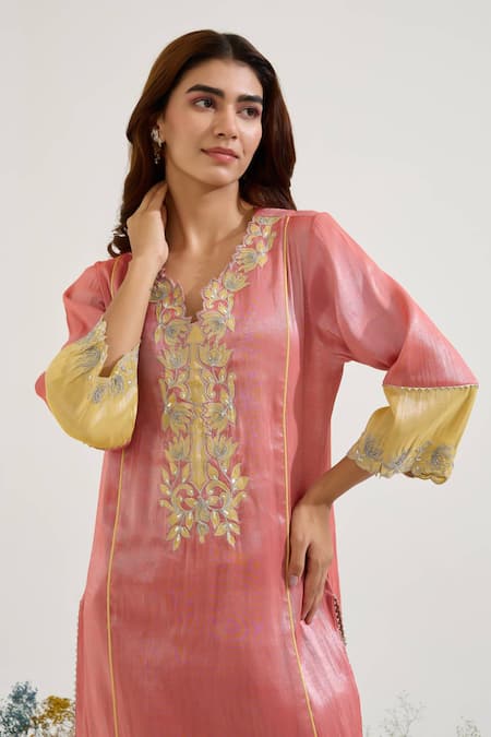 Shop Nero India Pink Tissue Embroidery Split V-neck Placket Kurta With Pant Online at Aza Fashions Shop_Nero India_Pink Tissue Embroidery Split V-neck Placket Kurta With Pant _Online_at_Aza_Fashions