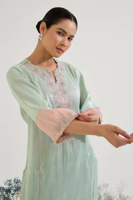 Nero India Blue Tissue Embroidery Notched Neck Placket Kurta With Pant Online at Aza Fashions Nero India_Blue Tissue Embroidery Notched Neck Placket Kurta With Pant _Online_at_Aza_Fashions