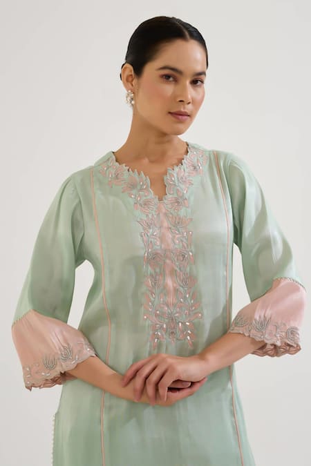 Buy Nero India Blue Tissue Embroidery Notched Neck Placket Kurta With Pant Online at Aza Fashions Buy_Nero India_Blue Tissue Embroidery Notched Neck Placket Kurta With Pant _Online_at_Aza_Fashions