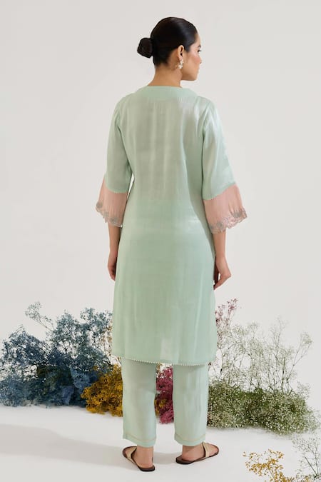 Shop Nero India Blue Tissue Embroidery Notched Neck Placket Kurta With Pant at Aza Fashions Shop_Nero India_Blue Tissue Embroidery Notched Neck Placket Kurta With Pant _at_Aza_Fashions