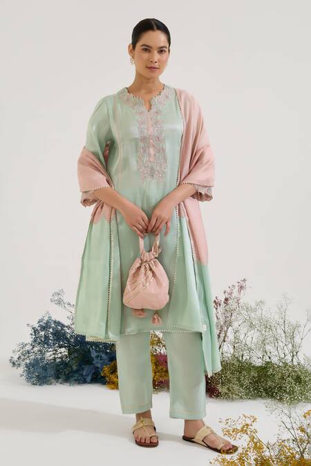 Nero India Blue Tissue Embroidery Notched Neck Placket Kurta With Pant at Aza Fashions Nero India_Blue Tissue Embroidery Notched Neck Placket Kurta With Pant _at_Aza_Fashions