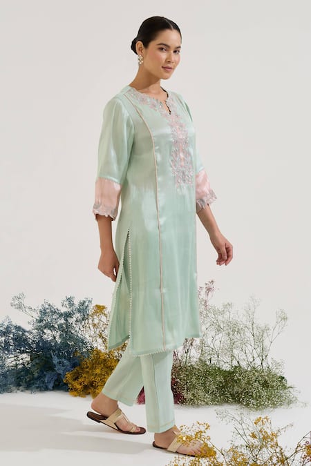 Buy Nero India Blue Tissue Embroidery Notched Neck Placket Kurta With Pant Buy_Nero India_Blue Tissue Embroidery Notched Neck Placket Kurta With Pant