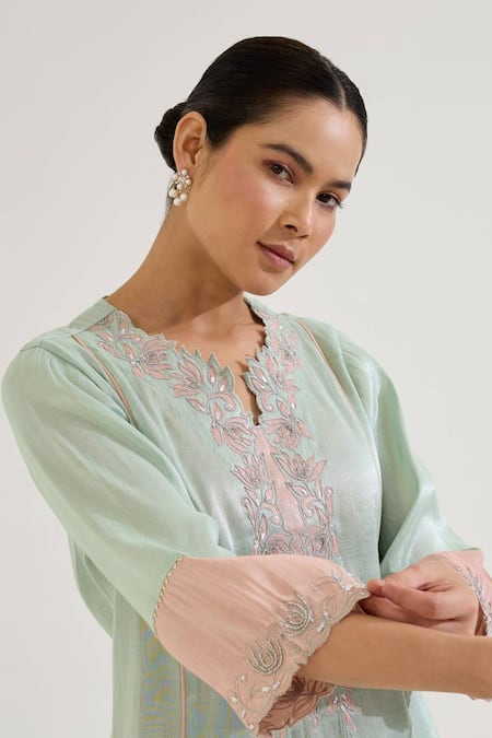 Buy Nero India Blue Chanderi, Tissue Embroidery Notched Neck Kurta Set Online at Aza Fashions Buy_Nero India_Blue Chanderi, Tissue Embroidery Notched Neck Kurta Set _Online_at_Aza_Fashions