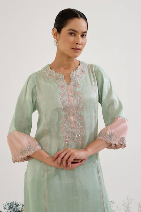 Shop Nero India Blue Chanderi, Tissue Embroidery Notched Neck Kurta Set Online at Aza Fashions Shop_Nero India_Blue Chanderi, Tissue Embroidery Notched Neck Kurta Set _Online_at_Aza_Fashions