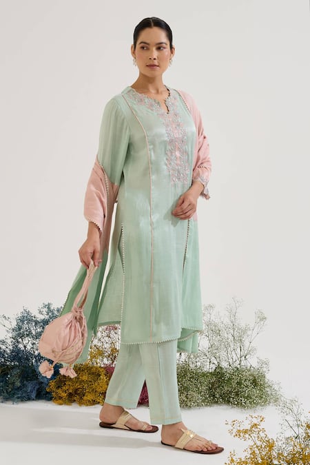 Shop Nero India Blue Chanderi, Tissue Embroidery Notched Neck Kurta Set at Aza Fashions Shop_Nero India_Blue Chanderi, Tissue Embroidery Notched Neck Kurta Set _at_Aza_Fashions