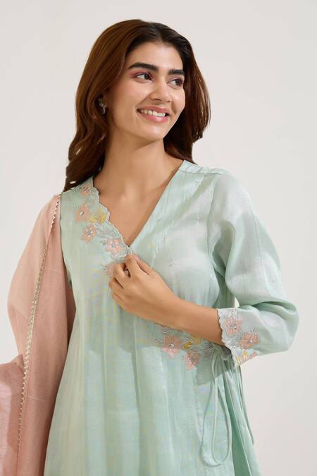 Shop Nero India Blue Tissue Embroidery V-neck Placement Kurta With Pant Online at Aza Fashions Shop_Nero India_Blue Tissue Embroidery V-neck Placement Kurta With Pant _Online_at_Aza_Fashions