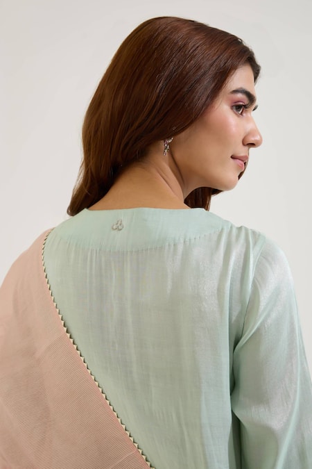 Nero India Blue Tissue Embroidery V-neck Placement Kurta With Pant at Aza Fashions Nero India_Blue Tissue Embroidery V-neck Placement Kurta With Pant _at_Aza_Fashions