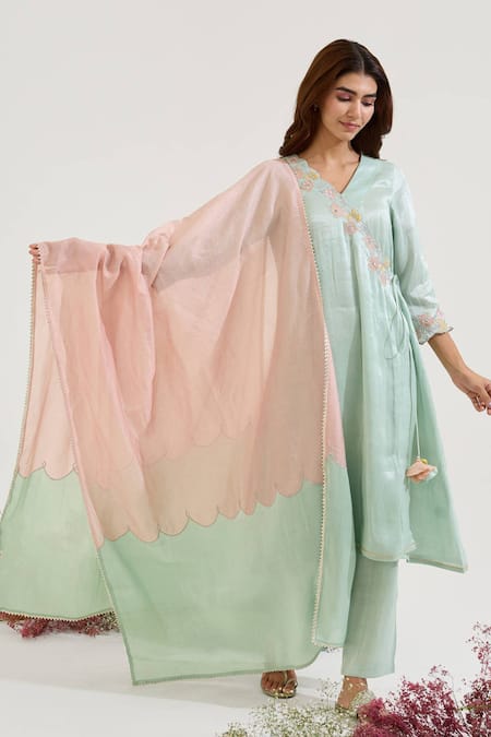 Shop Nero India Blue Chanderi, Tissue Embroidery V-neck Straight Kurta Set at Aza Fashions Shop_Nero India_Blue Chanderi, Tissue Embroidery V-neck Straight Kurta Set _at_Aza_Fashions