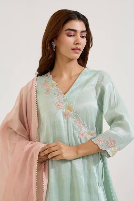 Buy Nero India Blue Chanderi, Tissue Embroidery V-neck Straight Kurta Set Online at Aza Fashions Buy_Nero India_Blue Chanderi, Tissue Embroidery V-neck Straight Kurta Set _Online_at_Aza_Fashions