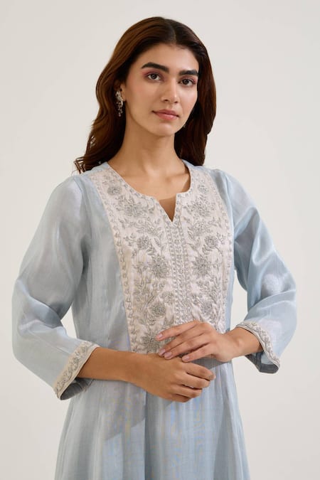 Buy Nero India Blue Tissue Embroidery V-neck Floral Kurta With Pant Buy_Nero India_Blue Tissue Embroidery V-neck Floral Kurta With Pant