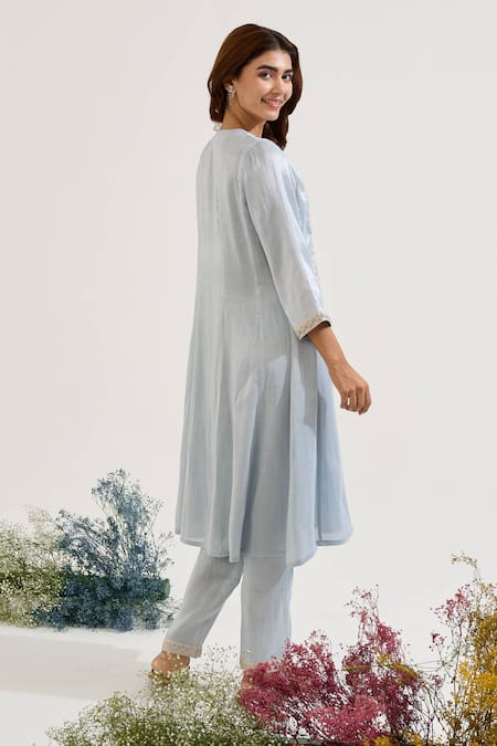 Shop Nero India Blue Tissue Embroidery Notched Neck Floral Yoke Kurta Set at Aza Fashions Shop_Nero India_Blue Tissue Embroidery Notched Neck Floral Yoke Kurta Set _at_Aza_Fashions