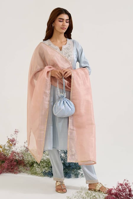 Nero India Blue Tissue Embroidery Notched Neck Floral Yoke Kurta Set Online at Aza Fashions Nero India_Blue Tissue Embroidery Notched Neck Floral Yoke Kurta Set _Online_at_Aza_Fashions