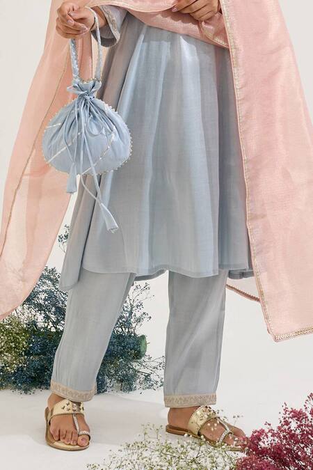 Buy Nero India Blue Tissue Embroidery Notched Neck Floral Yoke Kurta Set Online at Aza Fashions Buy_Nero India_Blue Tissue Embroidery Notched Neck Floral Yoke Kurta Set _Online_at_Aza_Fashions