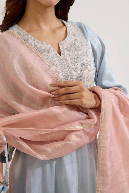 Shop Nero India Blue Tissue Embroidery Notched Neck Floral Yoke Kurta Set Online at Aza Fashions Shop_Nero India_Blue Tissue Embroidery Notched Neck Floral Yoke Kurta Set _Online_at_Aza_Fashions