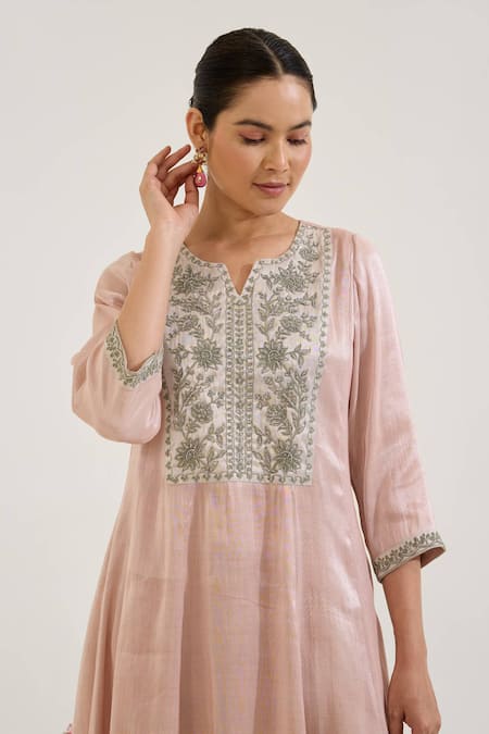 Buy Nero India Pink Tissue Embroidery Split V-neck Floral Kurta With Pant Buy_Nero India_Pink Tissue Embroidery Split V-neck Floral Kurta With Pant