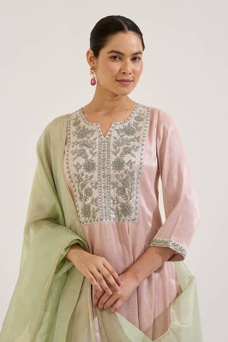 Buy_Nero India_Pink Tissue Embroidery Round Neck Floral Yoke Kurta Set _Online_at_Aza_Fashions