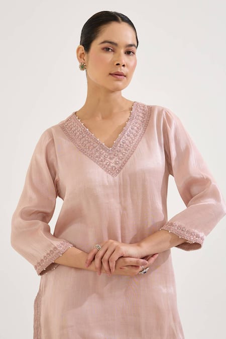 Shop_Nero India_Pink Tissue Embroidery V-neck Kurta With Pant _Online_at_Aza_Fashions