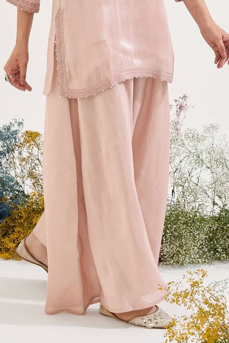 Buy_Nero India_Pink Tissue Embroidery V-neck Kurta With Pant 