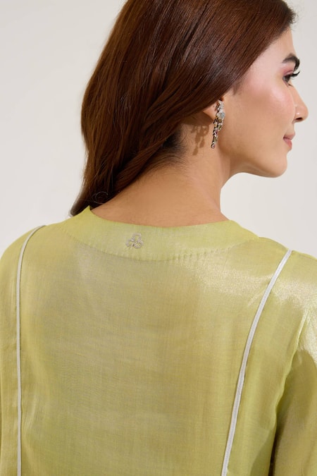 Buy_Nero India_Green Tissue Embroidery V-neck Floral Kurta With Pant 