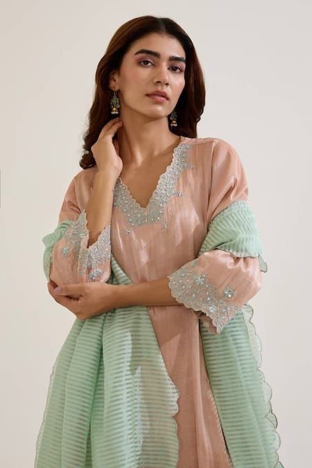 Nero India_Pink Tissue Embroidery V-neck Placement Kurta Set _Online_at_Aza_Fashions