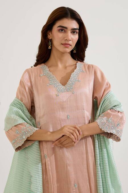 Shop_Nero India_Pink Tissue Embroidery V-neck Placement Kurta Set _Online_at_Aza_Fashions