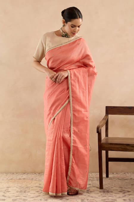 Shop Nero India Peach Chanderi Stripe Saree Online at Aza Fashions Shop_Nero India_Peach Chanderi Stripe Saree _Online_at_Aza_Fashions